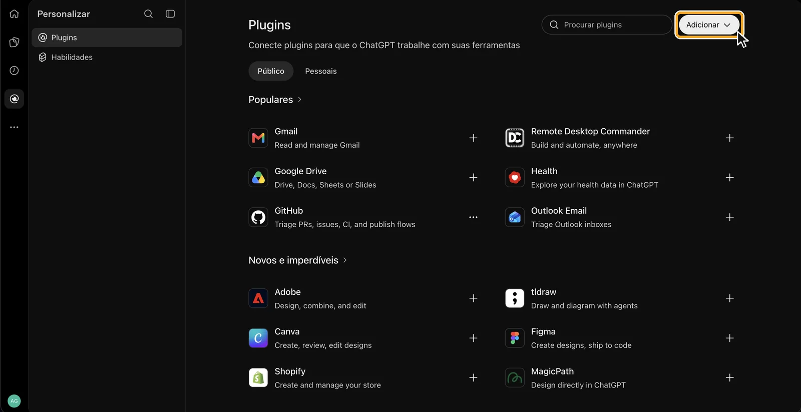 A tela de Plugins do ChatGPT, com o botão Adicionar destacado