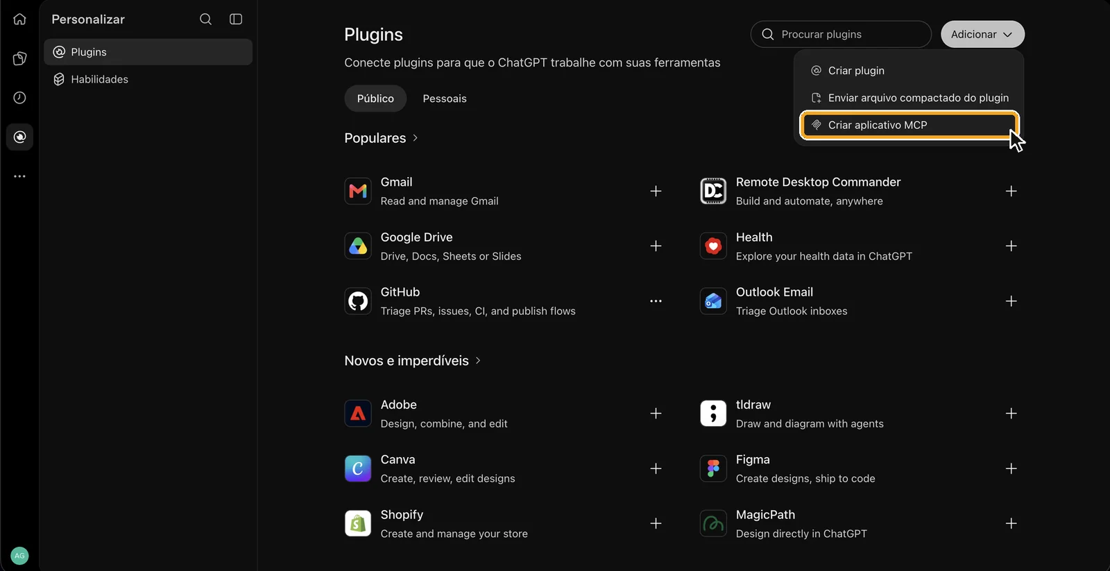 O menu do botão Adicionar, com Criar aplicativo MCP destacado