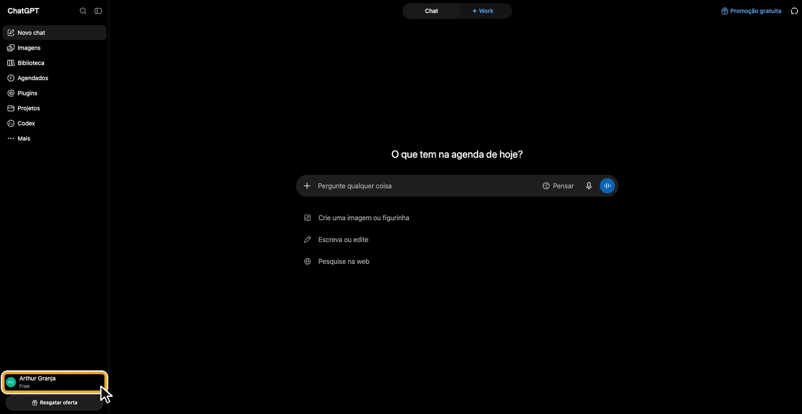 A tela inicial do ChatGPT, com o nome da conta destacado no canto inferior esquerdo