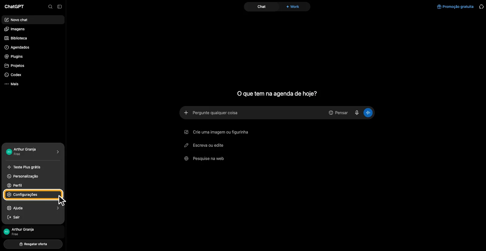 O menu da conta no ChatGPT, com Configurações destacado