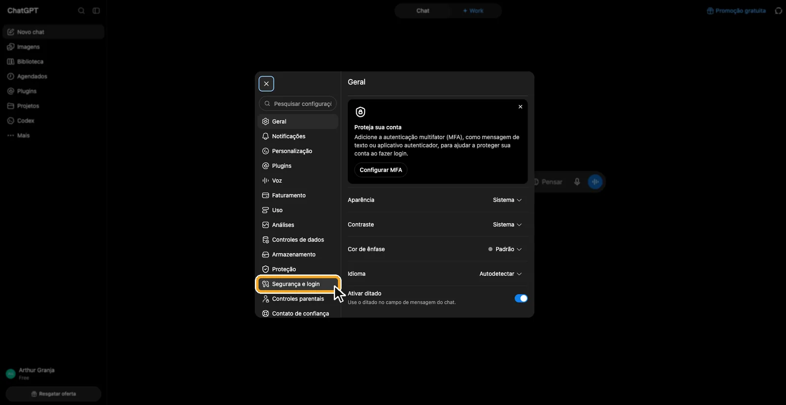 As configurações do ChatGPT, com Segurança e login destacado na lista