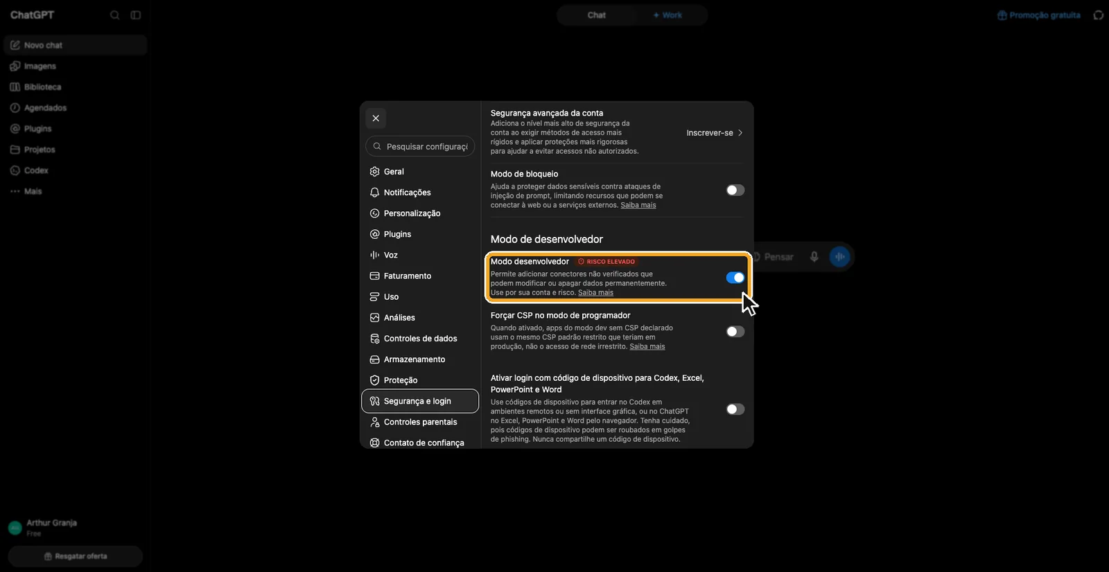 A tela Segurança e login do ChatGPT, com a chave do Modo desenvolvedor ligada e destacada