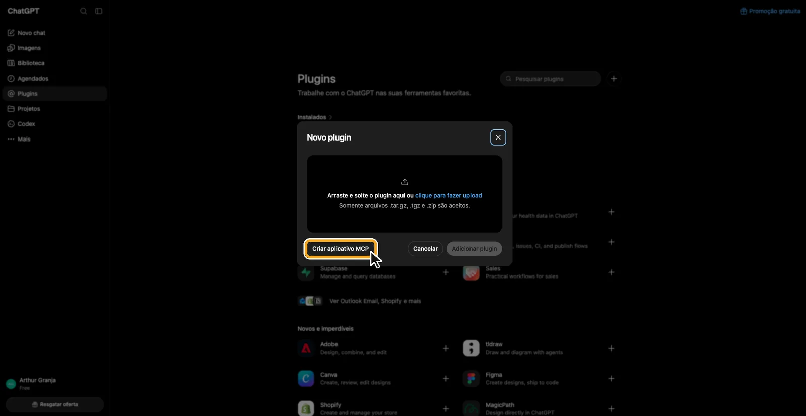 A janela Novo plugin do ChatGPT, com o botão Criar aplicativo MCP destacado