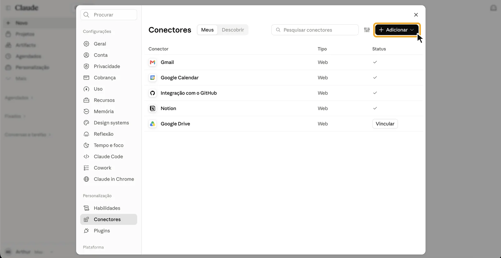 A lista de conectores do Claude, com o botão Adicionar destacado