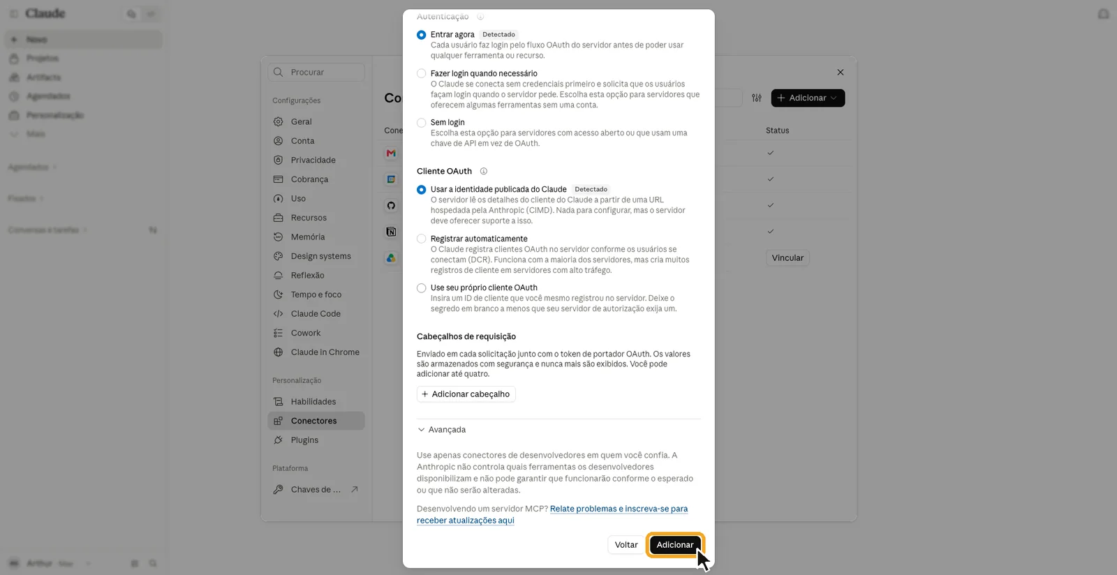 A segunda tela da janela do Claude, com as opções de autenticação detectadas e o botão Adicionar destacado