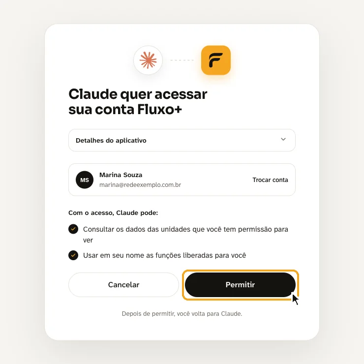A tela do Fluxo+ que pede a permissão para o Claude, com o botão Permitir destacado